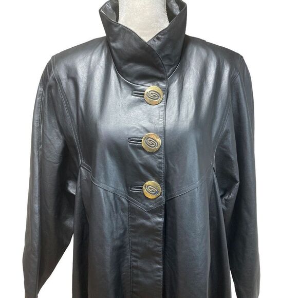NWOT Damselle L Black Soft Leather Long Trench Coat Duster Flared Swing Womans - Picture 2 of 14